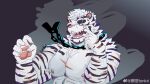  1boy absurdres animal_ears arknights bara dog_tags finger_in_own_mouth furry furry_male hands_up highres huge_eyebrows large_pectorals lonkri looking_at_viewer male_focus mountain_(arknights) muscular muscular_male nipples nude pectorals scar scar_across_eye short_hair solo tiger_boy tiger_ears upper_body 