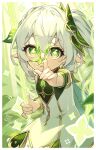  +_+ 1girl border bow bug butterfly cowboy_shot detached_sleeves dress genshin_impact green_bow green_eyes green_sleeves hair_between_eyes hair_bow hand_up highres index_finger_raised long_hair long_sleeves looking_at_viewer mt_gnsn nahida_(genshin_impact) open_mouth outstretched_arm pointy_ears side_ponytail sidelocks sleeveless sleeveless_dress solo white_border white_dress white_hair 