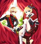  aqua_eyes bad_id bad_pixiv_id blonde_hair boots chung_seiker crown elsword elsword_(character) epaulettes highres knee_boots male_focus multiple_boys naroyang red_eyes shorts sitting smile uniform 