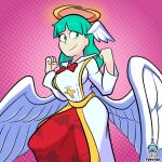 1:1 alternate_species angel breasts capcom clothed clothing darkstalkers dress feathered_wings feathers feetfish female green_eyes green_hair hair halo head_wings hi_res humanoid morrigan_aensland pink_background simple_background smile solo tan_body tan_skin thick_thighs white_body white_clothing white_dress white_feathers wide_hips winged_humanoid wings