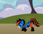  black_hair blue_body blue_eyes cowboy_hat equine friendship_is_magic grass grin hair hat horse male mountain my_little_pony orange_hair original_character pony short_hair simple_background solo tree wings wood 