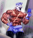  1boy absurdres another_eidos-r bara blue_eyes bulge cowboy_shot dark-skinned_male dark_skin dyne_(another_eidos) erection erection_under_clothes eros_(erosterone) helmet highres large_pectorals leggings_under_shorts male_focus muscular muscular_male nipples pectorals scar selfie solo sparse_chest_hair steaming_body topless_male 