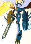  analog_boy02 arm_blade arm_cannon blue_eyes cape digimon energy_barrier energy_shield from_behind highres horns looking_at_viewer looking_back mecha omegamon red_cape robot weapon white_cape 