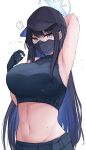 1girl ? absurdres arm_up armpits artist_request baseball_cap black_gloves black_hair black_headwear black_mask black_shirt blue_archive blue_eyes breasts crop_top gloves halo hat highres large_breasts long_hair looking_at_viewer mask midriff mouth_mask navel saori_(blue_archive) shirt simple_background sleeveless sleeveless_shirt solo spoken_question_mark white_background 