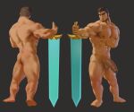  1boy abs ass bara beard brown_hair completely_nude dark-skinned_male dark_skin facial_hair forked_eyebrows full_beard gazef_stronoff girthy_penis greatsword hair_slicked_back highres lang_zha_zha large_penis looking_at_viewer male_focus mature_male multiple_views muscular muscular_male navel nipples nude overlord_(maruyama) penis planted planted_sword short_hair standing stomach strongman_waist sword thick_eyebrows thick_thighs thighs weapon 
