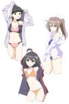  3girls absurdres ahoge bikini black_eyes black_hair black_hoodie blunt_bangs breasts brown_eyes brown_hair cleavage closed_mouth commentary cropped_legs frown grey_hoodie grin hair_ornament hair_ribbon highres hood hood_down hood_up hoodie itai_no_wa_iya_nano_de_bougyoryoku_ni_kyokufuri_shitai_to_omoimasu jacket kasumi_(bofuri) long_hair long_sleeves looking_at_viewer maple_(bofuri) medium_breasts multiple_girls no_pants noyama_takenoko off_shoulder open_clothes open_hoodie open_jacket open_mouth orange_bikini ponytail ribbon sally_(bofuri) short_hair simple_background small_breasts smile standing swimsuit white_background white_hoodie white_ribbon 