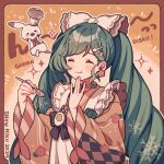  1girl 2024 :t amagi_hana apron blue_hair blush border bow chef_hat chewing closed_eyes diamond_(shape) dot_nose facing_viewer frilled_apron frills hair_bow hand_on_own_chin hat hatsune_miku highres holding holding_spoon japanese_clothes kimono long_hair long_sleeves maid orange_kimono outside_border rabbit_yukine red_border sidelocks solo spoon swept_bangs twintails upper_body very_long_hair vocaloid wa_maid white_apron white_bow wide_sleeves yuki_miku yuki_miku_(2024) 