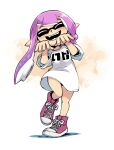  1girl :d ^_^ asymmetrical_hair closed_eyes converse fangs full_body hands_up inkling_girl inkling_player_character leg_up long_hair long_shirt muramasa_mikado open_mouth pink_footwear pointy_ears purple_hair shirt shoelaces shoes smile sneakers solo splatoon_(series) suction_cups teeth tentacle_hair white_shirt 