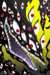 2022 ambiguous_gender bandai_namco big_mouth_(anatomy) digimon eye_creature eyes_everywhere gradient_background leviashark long_mouth looking_at_viewer monster multi_eye nightmare_fuel not_furry open_mouth red_eyes shadow_creature sharp_teeth simple_background solo teeth yellow_background