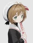  1girl antenna_hair brown_hair cardcaptor_sakura green_eyes hat highres holding holding_wand kinomoto_sakura sailor_collar short_hair shou_(mori_boro) simple_background solo upper_body wand 