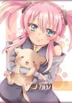  absurdres bad_id bad_pixiv_id belt blue_eyes cat gloves highres hug pink_hair presea_combatir sakura_oriko short_hair sidelocks smile solo tales_of_(series) tales_of_symphonia twintails 