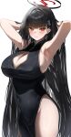  1girl absurdres armpits black_dress black_hair blue_archive blush breasts china_dress chinese_clothes cleavage cleavage_cutout closed_mouth clothing_cutout cowboy_shot dress hair_ornament hairclip halo highres huge_breasts long_hair looking_at_viewer red_eyes rio_(blue_archive) simple_background sleeveless sleeveless_dress solo thighs usa_b white_background 