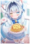  1girl ahoge animal_ear_fluff animal_ears apron bell blue_bow blue_bowtie blue_eyes blue_shirt blush bow bowtie cafe cat_ears cat_girl closed_mouth dutch_angle feet_out_of_frame fisheye food foreshortening garter_straps grey_hair hair_intakes hands_up heart heterochromia highres holding holding_plate incoming_food indoors komugi_(2212) long_bangs looking_at_viewer maid maid_headdress name_tag neck_bell omelet omurice original plate shirt skirt solo spoken_heart striped_clothes striped_skirt thighhighs white_apron white_thighhighs yellow_eyes 
