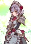  1girl absurdres apron armor ascot blunt_bangs braid braided_bangs brown_eyes closed_mouth flower gauntlets genshin_impact grey_hair hair_flower hair_ornament hand_on_hand highres looking_at_viewer maid nicolanicconico noelle_(genshin_impact) red_ascot red_flower red_rose rose short_hair shoulder_armor smile solo 