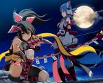  2girls aqua_eyes aqua_hair bandaged_leg bandages bare_shoulders black_hair bow_(weapon) breasts cloud cosmic_break hair_ornament holding holding_bow_(weapon) holding_weapon kougetsu_kagura kunai large_breasts looking_at_viewer moon multiple_girls night night_sky ninja nontraditional_miko official_art ponytail rooftop sash sky standing talisman thighs third-party_source tsukikage_momiji wakaba_sprout weapon yin_yang 
