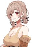  1girl bare_shoulders bone_print braid breasts brown_hair brown_jacket brown_sports_bra cartoon_bone crown_braid double_bun furen_e_lustario furen_e_lustario_(5th_costume) grin hair_bun highres jacket keikesu large_breasts long_sleeves looking_at_viewer nijisanji off_shoulder red_eyes simple_background smile solo sports_bra upper_body virtual_youtuber white_background 