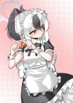  1girl absurdres alternate_costume apron black_dress black_hair blue_archive closed_mouth commentary_request demon_girl demon_horns dress ear_piercing enmaided fey_(whitepaper) frilled_apron frills grey_halo hair_between_eyes halo heart heart_hands highres horns kayoko_(blue_archive) korean_commentary looking_to_the_side maid multicolored_hair piercing ponytail puffy_short_sleeves puffy_sleeves red_eyes short_sleeves solo two-tone_hair white_apron white_hair wrist_cuffs 