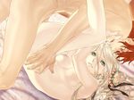  1girl akutsu_yoshiya areolae bed blonde_hair blue_eyes breasts couple dutch_angle game_cg green_eyes happy_sex legs_up long_hair lying nipples nude on_back open_mouth otome_game red_hair sex spread_legs sweat thighs tsubasa_no_oka_no_hime underboob 