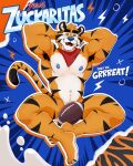 absurd_res anthro armpit_hair ball black_eyebrows black_stripes blue_nipples blue_nose body_hair english_text eyebrows felid frosted_flakes gridiron_ball hi_res kellogg&#039;s male mammal mascot muscular_arms navel nipples nude orange_tail pantherine solo stripes tail text tiger tony_the_tiger yows_(artist)