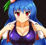  absurdres blue_hair blush breasts cleavage collarbone covered_nipples food fruit hands_up hat highres hinanawi_tenshi honda_takaharu large_breasts leaf long_hair one-piece_swimsuit peach red_eyes school_swimsuit simple_background smile solo swimsuit touhou 