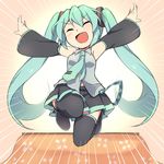  aqua_hair bare_shoulders closed_eyes detached_sleeves hatsune_miku jumping long_hair open_mouth outstretched_arms reki_(arequa) skirt smile solo spread_arms thighhighs twintails very_long_hair vocaloid zettai_ryouiki 