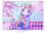  1girl bird blue_sky blunt_bangs blurry blurry_foreground border cherry_blossoms closed_mouth cloud commentary cowboy_shot cup flower green_eyes hair_flower hair_ornament highres holding holding_cup japanese_clothes kiato kimono long_sleeves looking_at_viewer original outdoors penguin petals pink_flower purple_kimono short_hair sky smile solo symbol-only_commentary white_border wide_sleeves yunomi yunomi_(musician) 