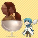  blue_eyes blue_hair blue_scarf cup food ice_cream kaito male_focus miniboy open_mouth reki_(arequa) saliva scarf solo spoon vocaloid 
