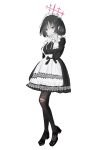  1girl apron bandages bellisword black_dress black_footwear black_hair blue_archive dress full_body halo highres maid maid_apron maid_headdress misaki_(blue_archive) pantyhose red_eyes red_halo short_hair solo torn_clothes torn_pantyhose 