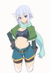  1girl absurdres aqua_scarf belt bike_shorts bike_shorts_under_shorts black_belt black_gloves black_shorts black_tank_top blue_shorts breasts capelet chris_(konosuba) closed_mouth commentary cowboy_shot cropped_legs elbow_gloves gloves green_capelet grey_hair hand_on_own_hip highres kono_subarashii_sekai_ni_shukufuku_wo! layered_gloves looking_at_viewer navel noyama_takenoko purple_eyes scar scar_on_cheek scar_on_face scarf short_hair short_shorts shorts simple_background small_breasts smile solo standing tank_top thighhighs white_background white_thighhighs 