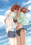  2girls abs bikini black_bikini closed_eyes commentary cowboy_shot dark-skinned_female dark_skin day deerwhisky denim denim_shorts dutch_angle green_shirt gundam gundam_suisei_no_majo hand_on_another&#039;s_shoulder highres interracial jewelry long_hair looking_at_another miorine_rembran multiple_girls navel ocean open_clothes open_shirt outdoors parted_lips red_hair ring shirt short_hair shorts smile suletta_mercury swimsuit thick_eyebrows water wedding_ring white_bikini white_hair wife_and_wife yuri 