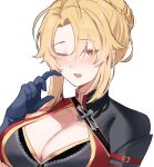  1girl angelica_rafa_redgrave black_dress blonde_hair blue_gloves blush braid breasts cleavage commentary_request commission dress embarrassed french_braid gloves hair_bun hand_up highres indoors large_breasts looking_at_viewer one_eye_closed open_mouth otome_gee_sekai_wa_mob_ni_kibishii_sekai_desu pixiv_commission portrait red_eyes sarukana simple_background single_hair_bun solo sweatdrop white_background 
