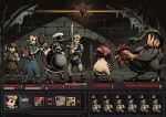  1girl 3boys armor axe bare_shoulders basilisk battle_axe beard belt_pouch bird black_hair blonde_hair blue_capelet blue_robe book boots braid brick_wall brown_gloves capelet chainmail character_name chicken chicken_(food) chicken_leg chilchuck_tims commentary covered_mouth dagger darkest_dungeon dungeon dungeon_meshi dwarf elf english_commentary english_text eyes_in_shadow faceoff facial_hair fake_horns fake_screenshot fighting_game fighting_stance fingerless_gloves food gameplay_mechanics gloves green_scarf grey_pants h0lyhandgrenade halfling health_bar helmet holding holding_book holding_dagger holding_knife holding_staff holding_sword holding_weapon hood hood_down hooded_capelet horned_helmet horns knife laios_thorden leather_armor lineup long_beard long_hair long_sleeves marcille_donato multiple_boys mushroom mustache open_book pants parody parted_bangs pauldrons plate_armor pointy_ears pouch robe rooster sandals scarf senshi_(dungeon_meshi) shin_guards shirt short_hair shoulder_armor side_braid snake sprout staff sword twin_braids two-handed_sword vambraces vs walking_mushroom_(dungeon_meshi) weapon white_pants white_shirt wok 
