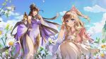  2girls absurdres bare_shoulders blue_eyes blue_sky breasts brown_hair character_request china_dress chinese_clothes cloud copyright_name day detached_sleeves dress flower hair_flower hair_ornament highres logo long_hair multiple_girls official_art second-party_source sitting sky smile standing tassel yellow_eyes yuan_zun 