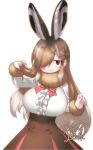  1girl :3 animal_ears breasts brown_hair brown_skirt bunny_ears center_frills commentary_request dated european_hare_(kemono_friends) extra_ears fur-trimmed_sleeves fur_collar fur_trim hair_over_one_eye hand_in_hair hand_up high-waist_skirt highres kemono_friends large_breasts long_hair long_sleeves looking_at_viewer multicolored_hair red_eyes red_neckwear shirt signature simple_background skirt smile solo very_long_hair white_background white_hair white_shirt yoshida_hideyuki 