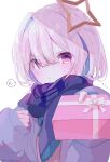  1girl amane_kanata artist_name blue_hair blush bob_cut box box_of_chocolates chocolate closed_mouth coat commentary curled_fingers embarrassed enpera food gift_wrapping grey_coat hair_between_eyes halo highres holding holding_box holding_chocolate holding_food hololive incoming_gift light_frown looking_at_viewer multicolored_hair notice_lines pink_eyes pink_shirt plaid plaid_scarf purple_scarf replicayunikorn scarf shirt short_hair signature simple_background single_hair_intake solo speech_bubble star_halo streaked_hair translated tsundere two-tone_hair upper_body v-shaped_eyebrows valentine virtual_youtuber white_background white_hair winter_clothes 
