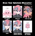  1boy black_eyes blue_eyes closed_mouth commentary_request dot_nose english_text game_screenshot_inset goggles goggles_on_head hand_on_own_neck highres korean_commentary korean_text maakaef mohawk multiple_views octoling_boy octoling_player_character octopus pink_hair short_hair smile splatoon_(series) splatoon_3 sweat template tentacle_hair thick_eyebrows 