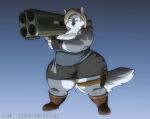 2023 anthro belly big_breasts boots bottomwear breasts brown_hair canid canine canis capcom clothing cosplay fat_arms female footwear fur gloves hair handwear hi_res holster jill_valentine mammal multicolored_body multicolored_fur overweight overweight_female ranged_weapon resident_evil rocket_launcher skirt solo sophia_(xxsparcoxx) thick_thighs thigh_belt topwear two_tone_body two_tone_fur weapon wide_hips wolf xxsparcoxx