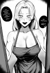  1girl absurdres apron blush breasts cleavage greyscale heart highres jujutsu_kaisen looking_at_viewer monochrome open_door solo speech_bubble sweat tsukumo_yuki_(jujutsu_kaisen) upper_body zovokia 