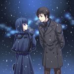  1girl black_eyes black_hair blue_eyes blue_hair breath brown_eyes brown_hair capelet gloves hitomi_aki kuonji_alice mahou_tsukai_no_yoru shizuki_soujuurou short_hair snowing 