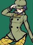 bad_id bad_pixiv_id blue_hair breasts brown_eyes cabbie_hat detective expressionless glasses hair_between_eyes hand_on_headwear hat hips jacket looking_at_viewer majoccoid persona persona_4 shirogane_naoto short_hair small_breasts solo wavy_hair 