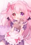  1girl absurdres animal_ears bow hair_bow heterochromia highres maid mimikkyu_(mimikyunosub) original pink_bow pink_hair purple_eyes rabbit_ears red_eyes virtual_youtuber 