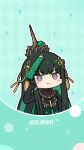  1girl black_hair chibi copyright_name crown green_hair grey_eyes hair_ornament highres logo long_hair multicolored_hair official_art punishing:_gray_raven qu_(punishing:_gray_raven) second-party_source smile solo two-tone_hair 