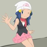  1girl a_(pixiv_17870427) arm_up bare_arms bare_legs beanie black_clothes blue_eyes blue_hair blush creatures_(company) female game_freak hair_ornament hairpin happy hat hikari_(pokemon) legs long_hair looking_at_viewer matching_hair/eyes miniskirt nintendo pink_skirt pokemon pokemon_(anime) red_scarf scarf skirt sleeveless smile solo white_hat 