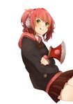  :q axe bad_id bad_pixiv_id bow bowtie crossed_arms earmuffs fullo2 green_eyes hatchet hood hoodie kyokugen_dasshutsu kyokugen_dasshutsu:_9_jikan_9_nin_9_no_tobira pink_hair pleated_skirt pom_pom_(clothes) short_hair simple_background skirt solo spoilers tongue tongue_out twintails weapon western_hatchet white_background yotsuba_(kyokugen_dasshutsu) 