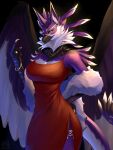 3:4 absurd_res anthro avian beak biped bracelet breasts claws clothed clothing digital_media_(artwork) dress feathered_wings feathers female gryphon hi_res jewelry kotik_rin morgan_(theoreodemon) mythological_avian mythology necklace plumage purple_body purple_feathers scales solo wings