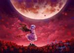 1girl artist_name back_bow bat_wings black_footwear blue_hair bow chinese_commentary closed_mouth commentary_request dated dress falling_petals field flower flower_field frilled_dress frilled_sleeves frills full_body full_moon hat hat_ribbon highres holding holding_flower holding_polearm holding_weapon huge_moon looking_at_viewer mary_janes mob_cap moon outdoors petals pink_dress polearm puffy_short_sleeves puffy_sleeves red_bow red_eyes red_flower red_moon red_ribbon red_rose red_sky remilia_scarlet ribbon rock rose rose_petals satellitedragon shoes short_hair short_sleeves signature sky smile solo spear spear_the_gungnir standing star_(sky) touhou weapon white_headwear wide_shot wings 