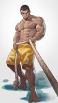  1boy abs absurdres bara eyebrow_cut highres large_pectorals looking_at_viewer male_focus mature_male multiple_scars muscular muscular_male navel nipples original pectorals pulling rope scar selkiro short_hair shorts solo standing stomach topless_male yellow_shorts 