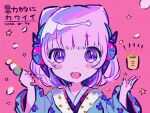  1girl :d blue_kimono blunt_bangs blush commentary_request cone_hair_bun cup dango dated double_bun food hair_bun hands_up headphones highres holding holding_food japanese_clothes kiato kimono long_sleeves looking_at_viewer open_mouth original pink_background pink_hair purple_eyes purple_hair sanshoku_dango short_hair smile solo upper_body wagashi wide_sleeves yunomi 
