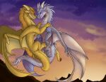 blonde_mane claws darkenstardragon dragon duo feral hi_res horn male mane membrane_(anatomy) membranous_wings qibli_(wof) scales scalie scaly_tail tail white_horn wings wings_of_fire yellow_body yellow_claws yellow_horn yellow_membrane yellow_scales