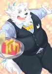 absurd_res anthro belly belt blush bow_tie bulge canid canine canis clothing domestic_dog fur gift_box hi_res lifewonders live_a_hero male mammal nazebesu_hobby nordic_sled_dog overweight ribbons samoyed serving_tray smile solo spitz topwear vest white_body white_fur yohack